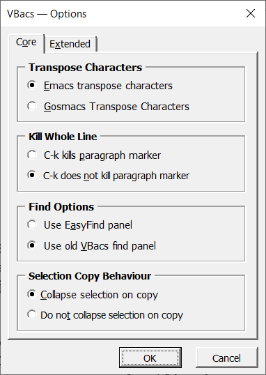 Picture of VBacs Options panel, Core tab.