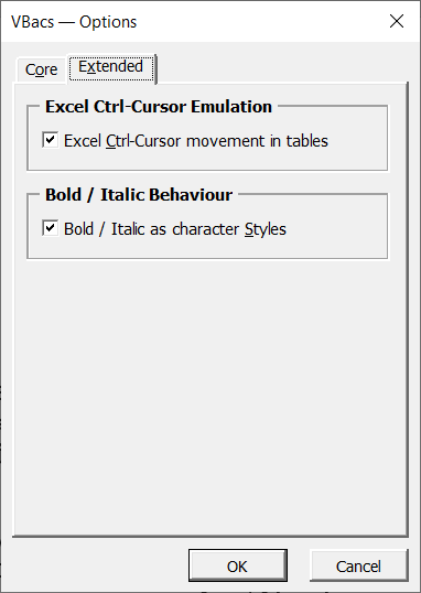 Picture of VBacs Options panel, Extended tab.